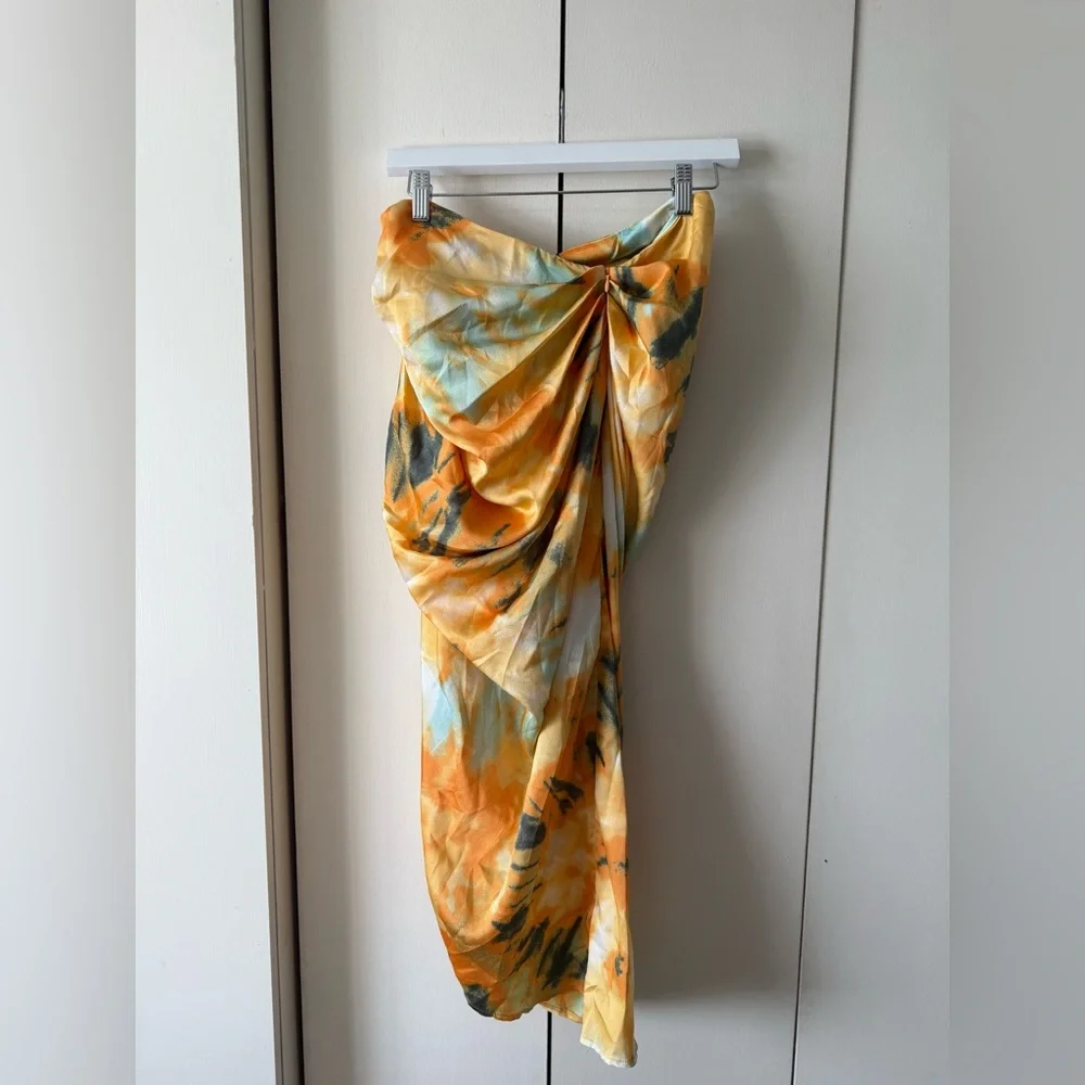 NWT PrettyLittleThing Yellow and Orange Tie-Dye Draped Midi Skirt w Slit US 6 - Picture 7 of 7